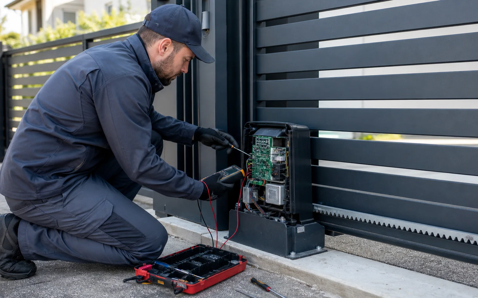 Technicien diagnostiquant la motorisation ouverte d’un portail coulissant