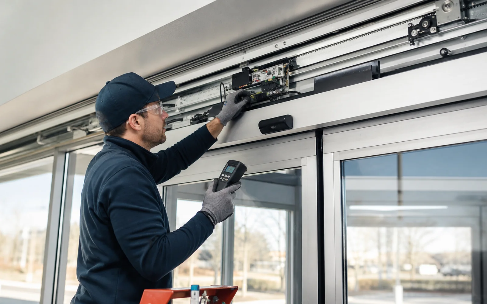 Technicien contrôlant le mécanisme supérieur d’une porte automatique vitrée