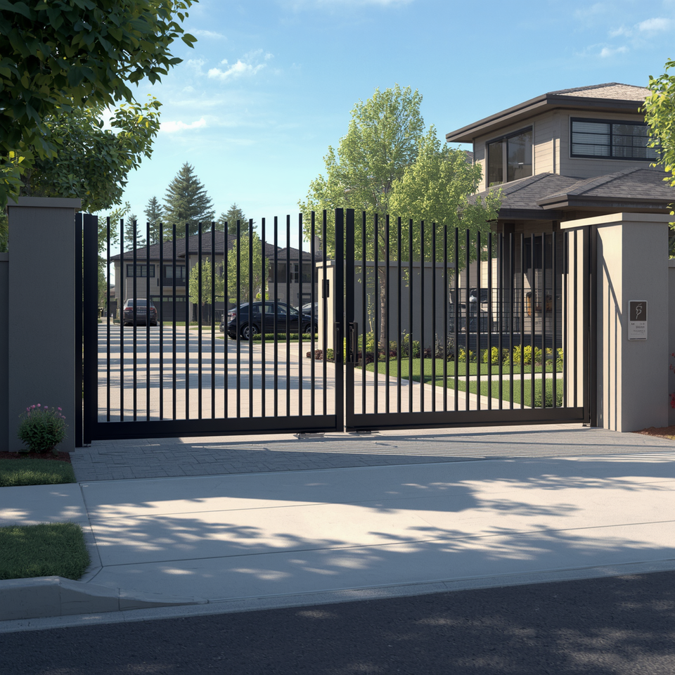 Portail coulissant noir à barreaux verticaux devant une maison moderne